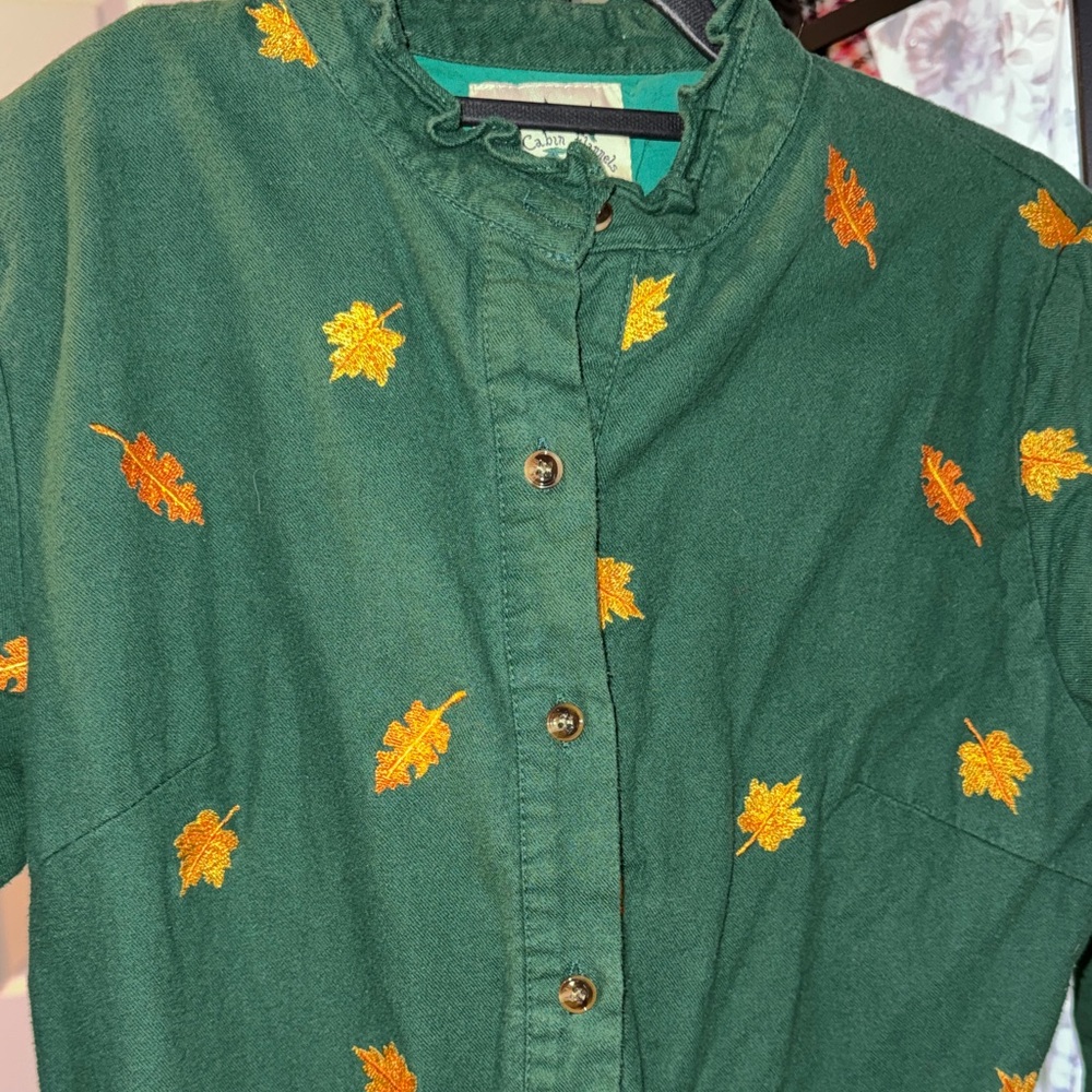 Kiel James Patrick Dark Green Button-Front Dress with Yellow Leaf Embroidery - Picture 2 of 6